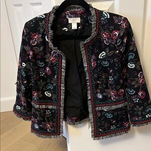 LOFT Black Embroidered Fringe-Trim Open Cropped Jacket